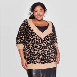 Ava & Viv Animal Print V-Neck Chunky Sweater